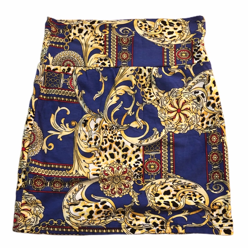 Vintage 1990’s Gold and Blue Bold Print Bandage Mini Skirt, Small 25-28” Waist